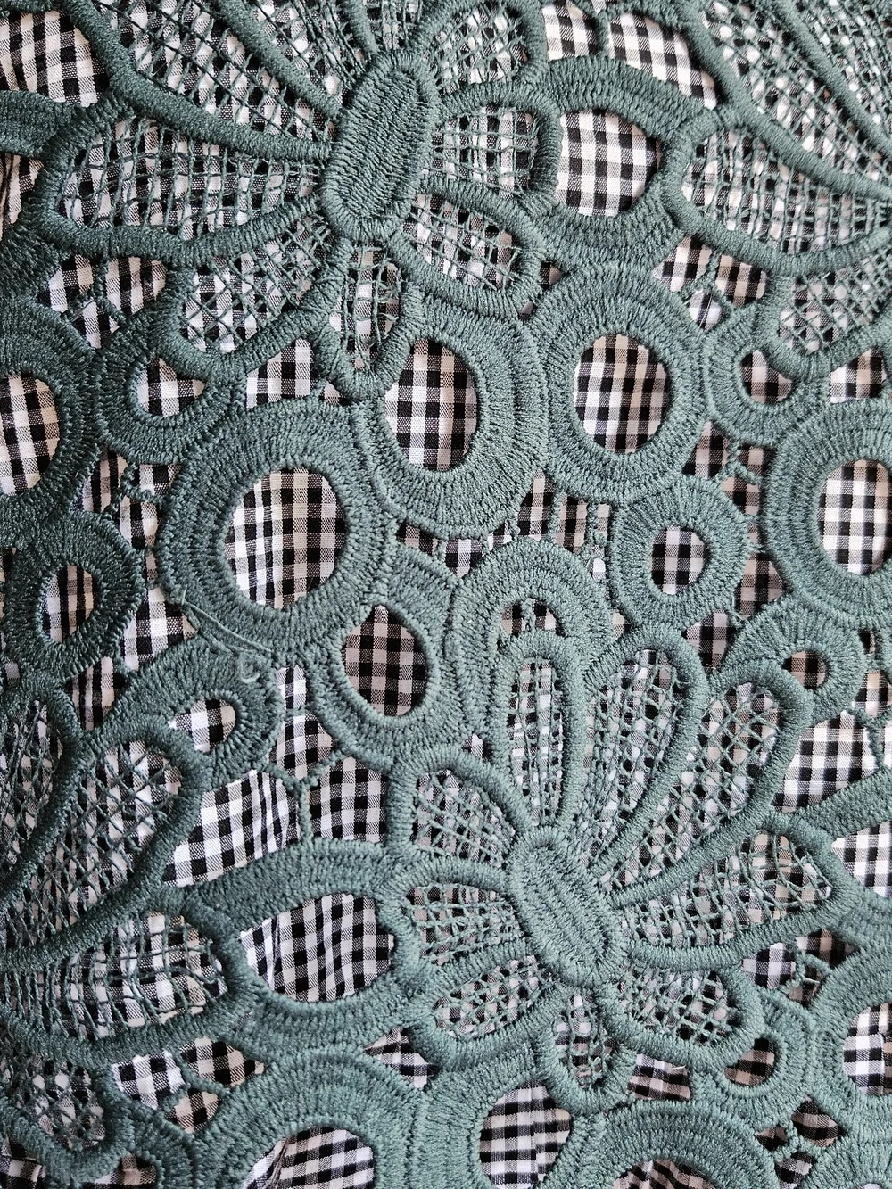 ​Maeve Anthropologie Dark Green Floral Guipure Lace & Gingham Peplum Blouse,Sz S